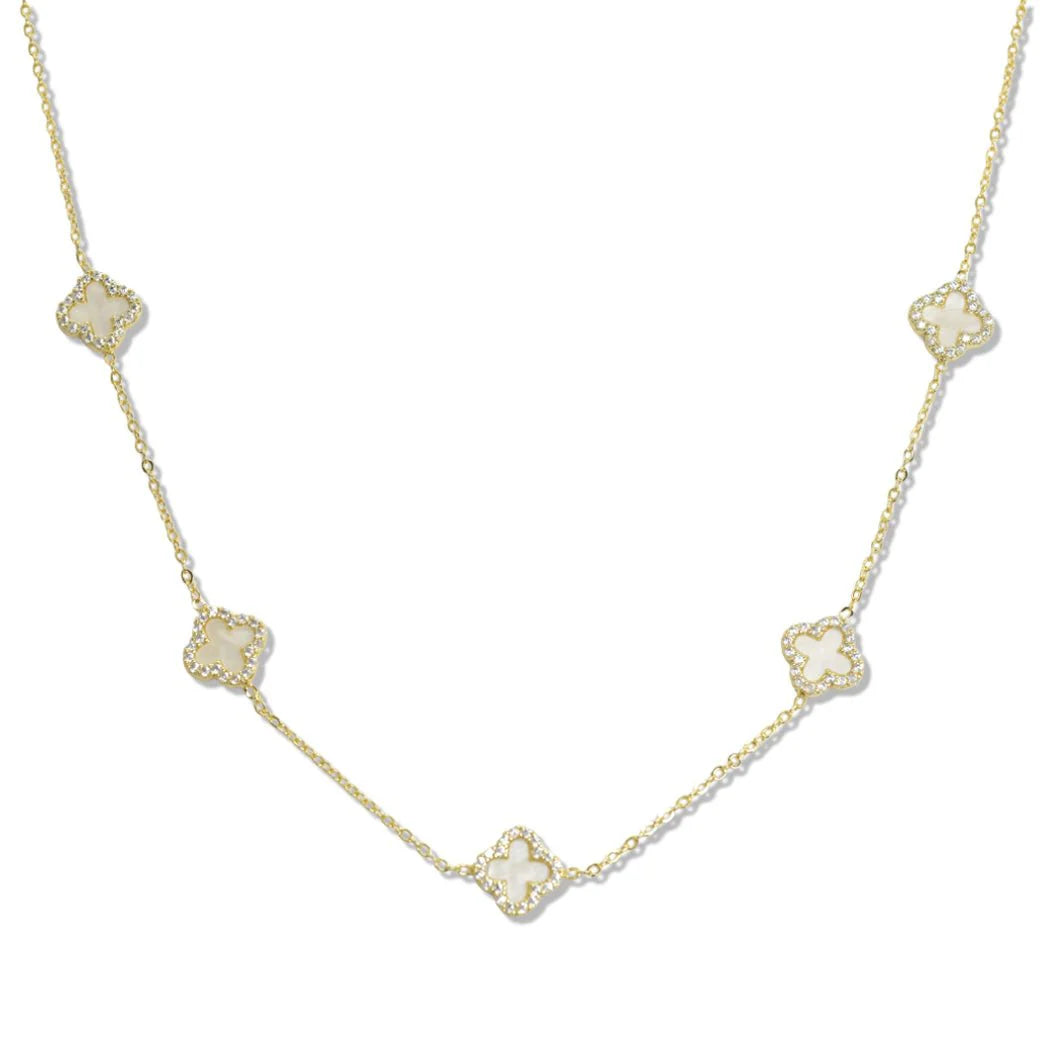 PAVE CRYSTAL RHINESTONE ACCENT CLOVER STATION NECKLACE