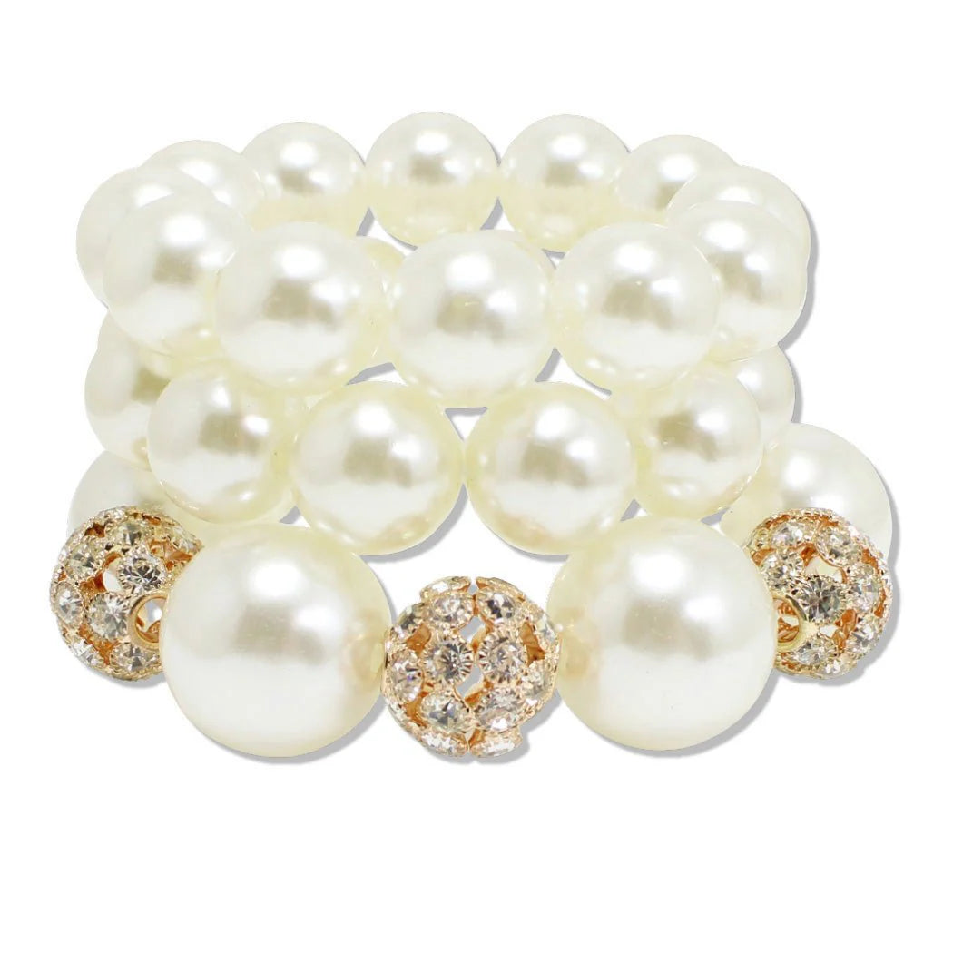 CHUNKY PEARL WITH RHINESTONE FIREBALL ACCENT MULTI LAYERED STRETCH BRACELET