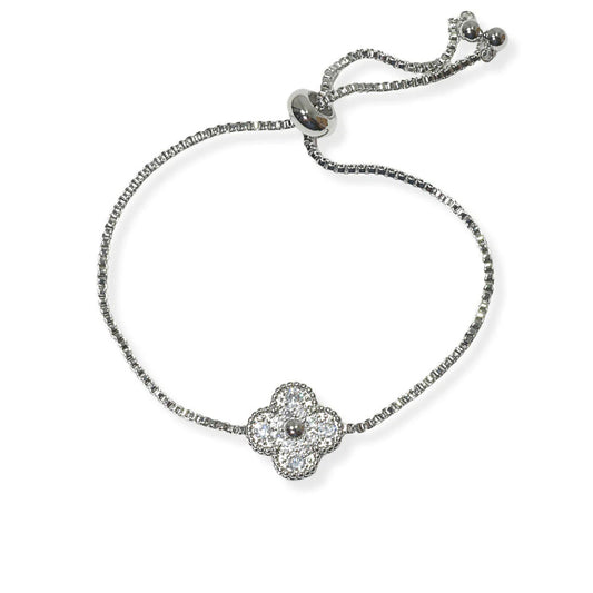 Clover cubic zirconia accent designer inspired adjustable bracelet (silver)