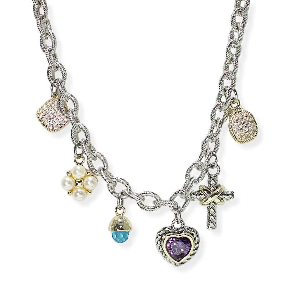 TIMELESS 14K GOLD PLATED HEART CROSS PEARL SILVER NECKLACE