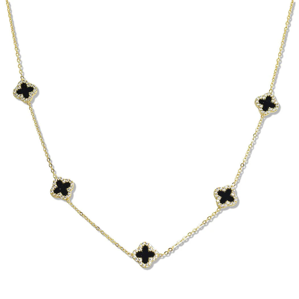 PAVE CRYSTAL RHINESTONE ACCENT CLOVER STATION NECKLACE