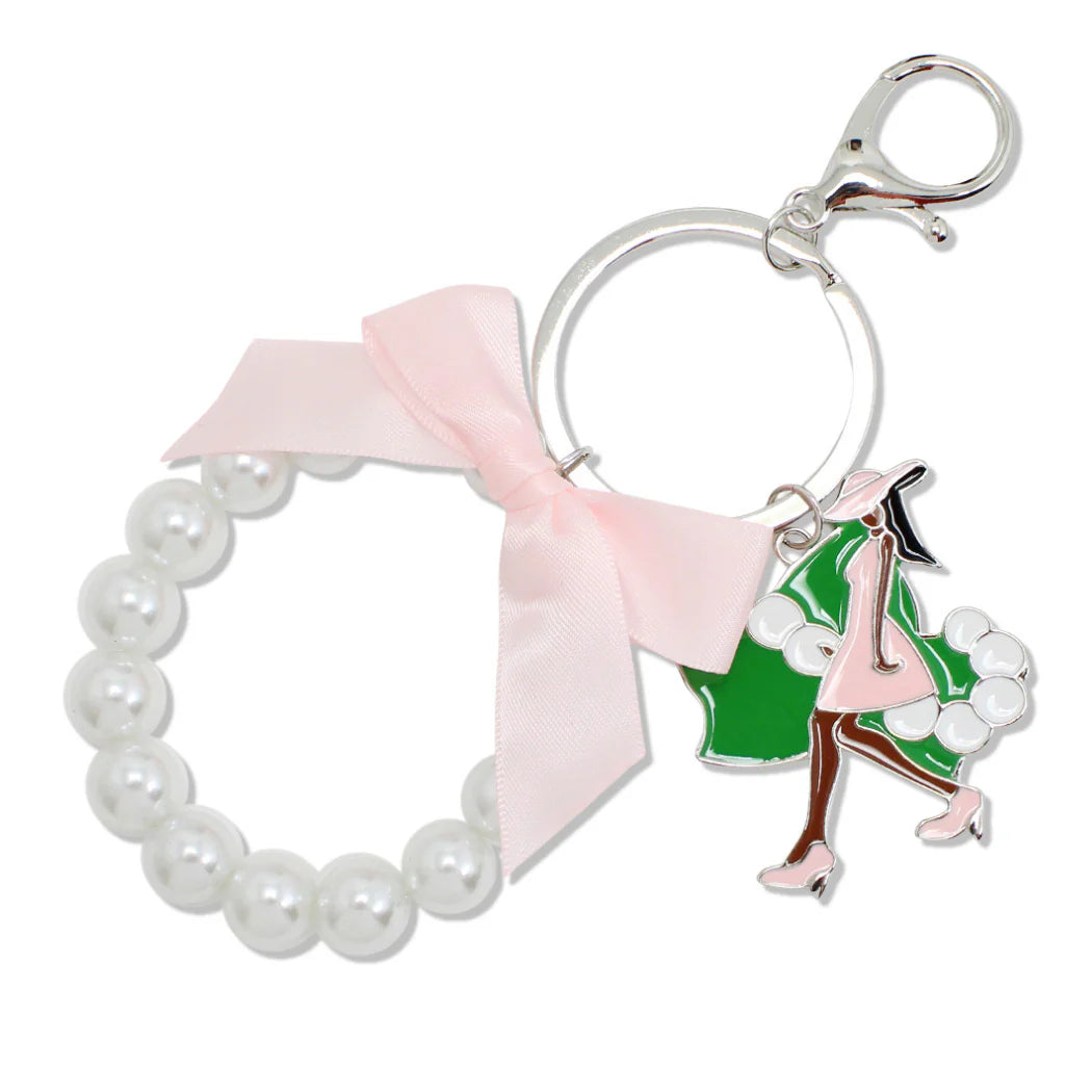 PINK GREEN FASHIONABLE LADY ENAMEL CHARM BOW PEARL STRETCH BRACELET KEYCHAIN BAG CHARM