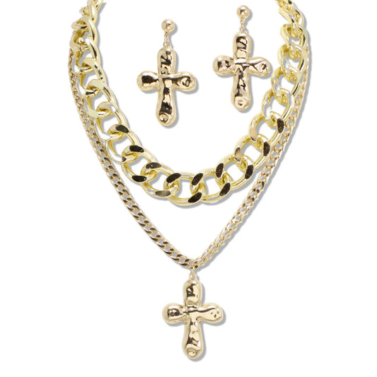 14k gold plated hammered cross charm necklace with earrings
