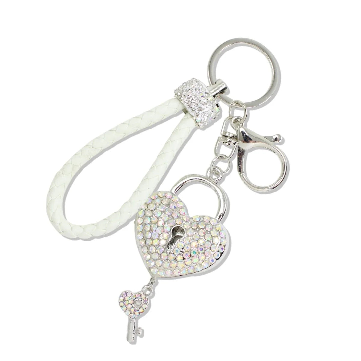 BRAIDED LEATHER PAVE HEART Keychain Silver