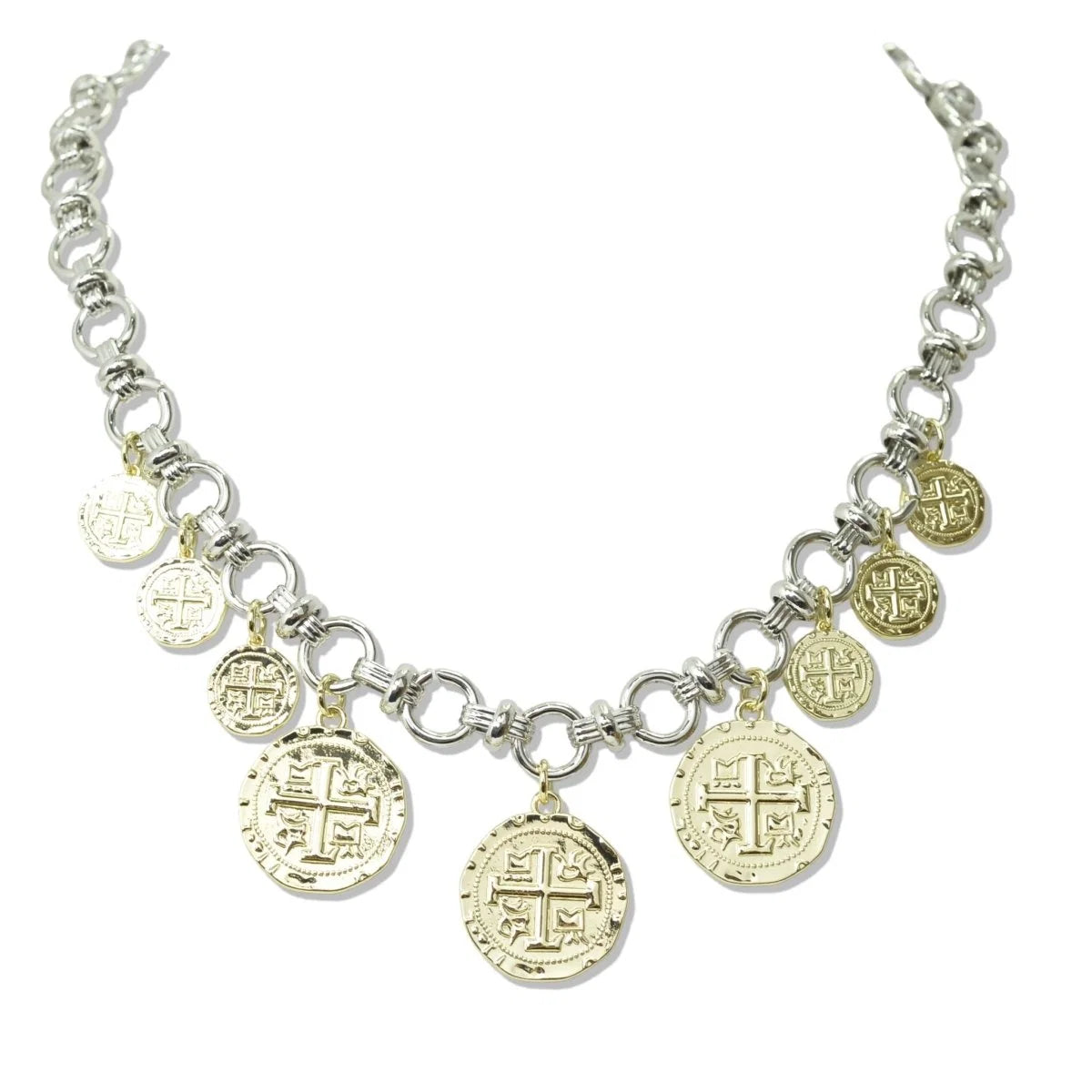 14K GOLD PLATED MIXED METAL COIN CHARM NECKLACE