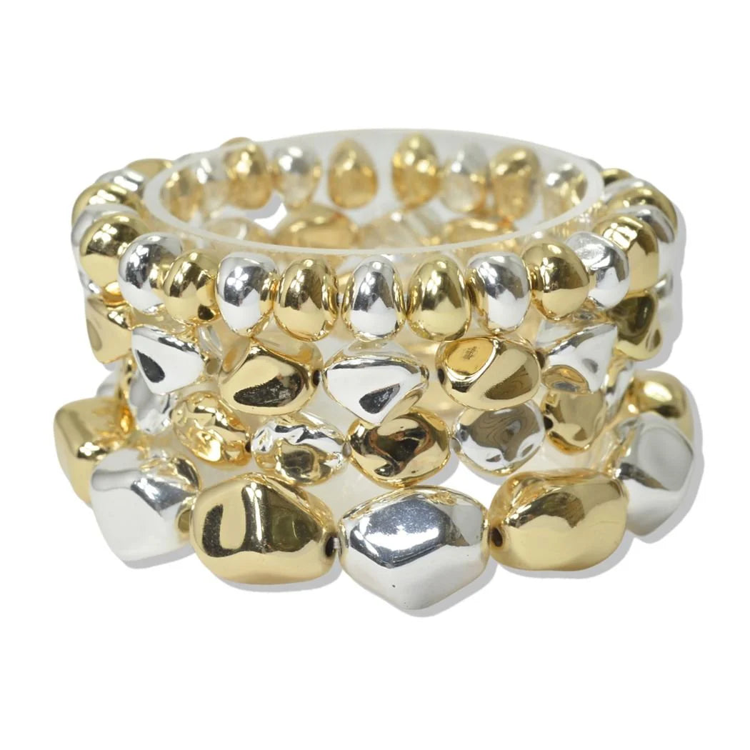 MULTI LAYERED CCB NUGGET BEADED STRETCH BRACELET SILVER/GOLD