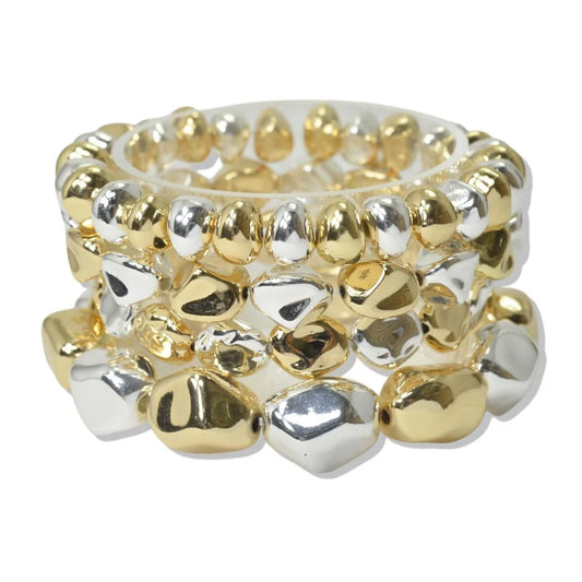 MULTI LAYERED CCB NUGGET BEADED STRETCH BRACELET SILVER/GOLD