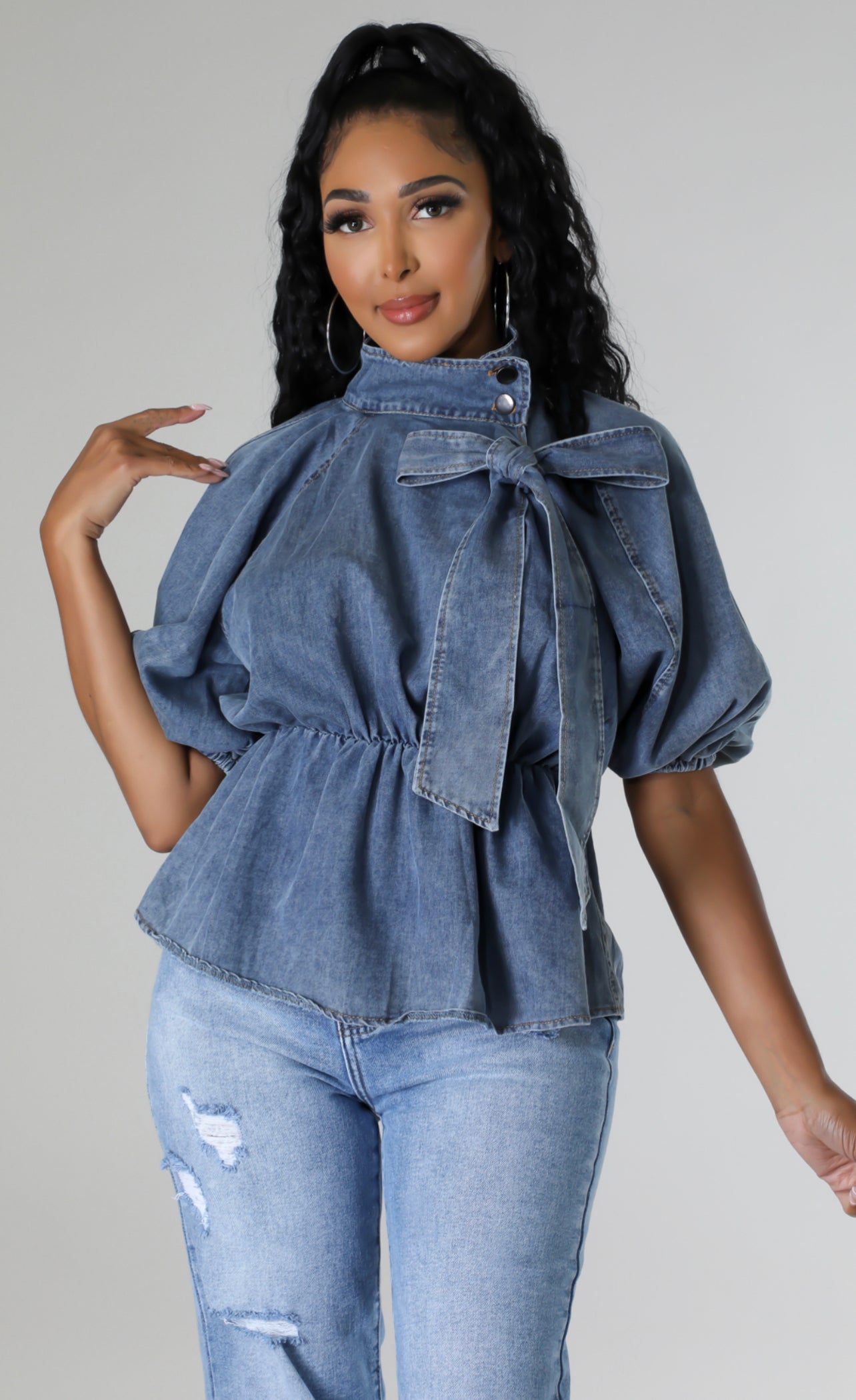 Denim Bow Blouse