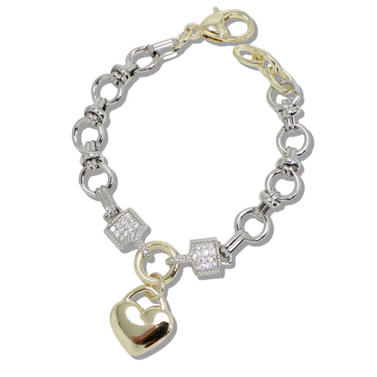 4K GOLD PLATED PAVE CUBIC ZIRCONIA ACCENT HEART CHARM DESIGNER INSPIRED BRACELET