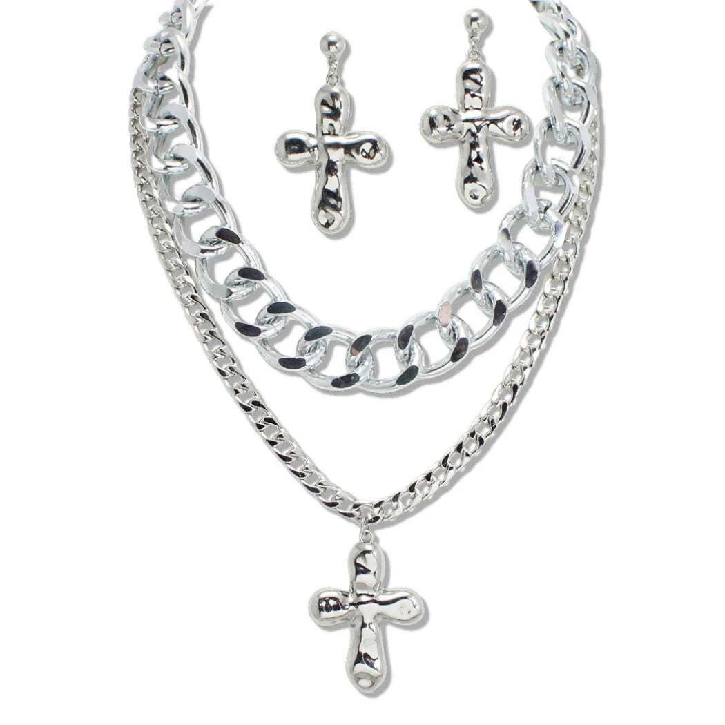 Hammered Cross Charm double layered chain necklace with earrings