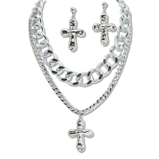 Hammered Cross Charm double layered chain necklace with earrings