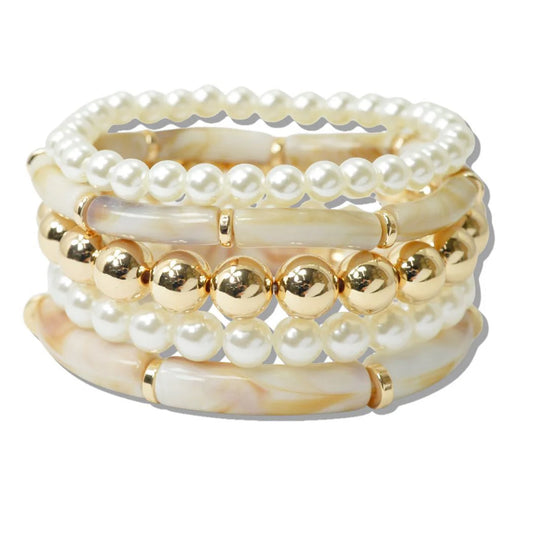 CELLULOID ACETATE ACCENT PEARL MULTI LAYERED BEADED STRETCH BRACELET