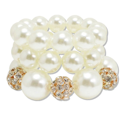 CHUNKY PEARL WITH RHINESTONE FIREBALL ACCENT MULTI LAYERED STRETCH BRACELET