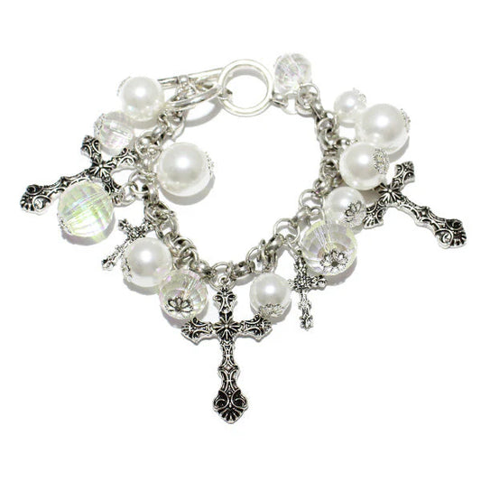 CROSS N PEARL MULTI CHARM TOGGLE BRACELET