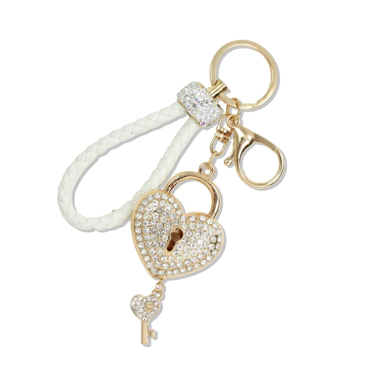 BRAIDED LEATHER PAVE HEART LOCK GOLD KEYCHAIN
