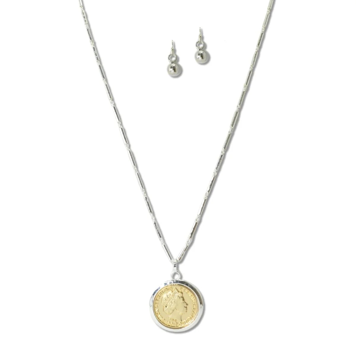 TWO TONE COIN MEDALLION LONG PENDANT NECKLACE,