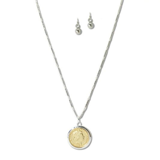 TWO TONE COIN MEDALLION LONG PENDANT NECKLACE,