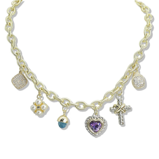 14K GOLD PLATED HEART CROSS PEARL CUBIC ZIRCONIA MULTI CHARM DESIGNER INSPIRED NECKLACE