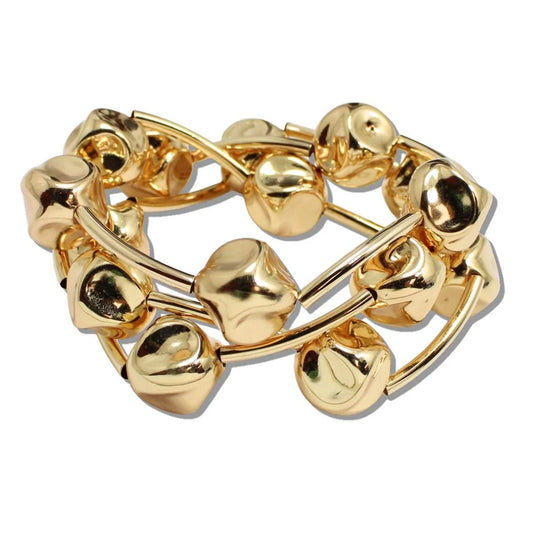 HAMMERED BEAD MULTI LAYERED GOLD STRETCH BRACELET,